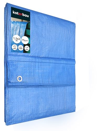 KOTARBAU Bâche en PVC de Protection en Tissu 1,5 x 2 m Bleu 75 g/m2 Bâche à œillets renforcées pour Couvrir Le Bois imperméable à œillets bâches PVC usagées
