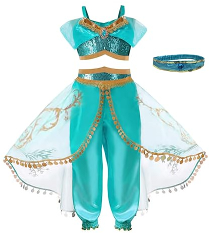 Belle & Moana Robe de Princesse pour Filles - Déguisement Jasmine des Neiges pour Fêtes, Anniversaires, Carnaval, Halloween - 5-6 ans