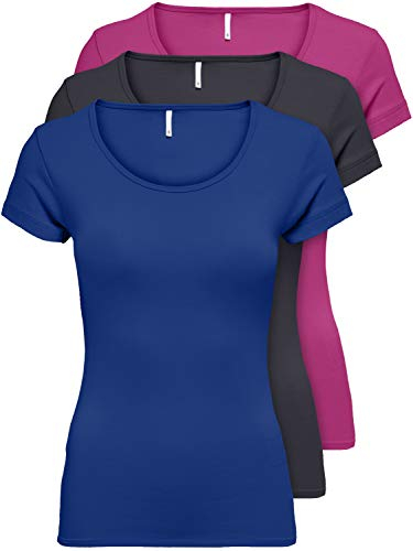 ONLY - 15209153 - Lot de 3 t-shirts pour femme - Noirs ou blancs - Manches courtes - Longs - Basiques - T-shirts d'été - Tailles XS, S, M, L et XL, Mélange de couleurs 4., L