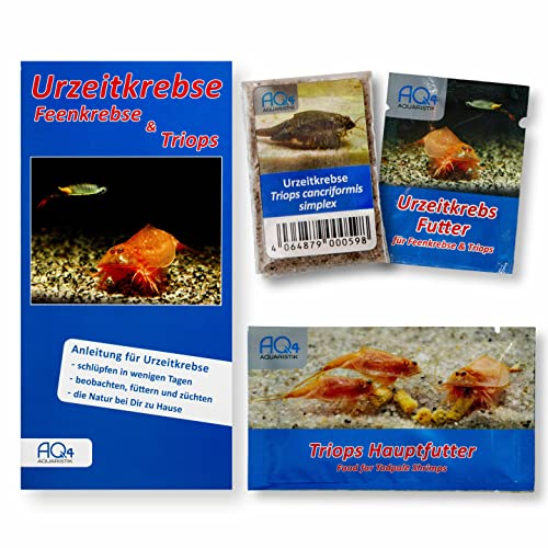 AQ4Aquaristik Triops cancriformis simplex - Starter Set Urzeitkrebse Eier - mit Aufzuchtfutter, Hauptfutter und Anleitung