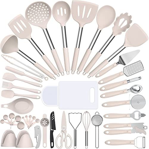 Umite Chef Silikon-Kochutensilien-Set, hitzebeständig, Edelstahlgriff, Küchenspatel, Werkzeuge für antihaftbeschichtetes Kochgeschirr, Töpfe und Pfannen, Zubehör, Khaki, 43-teilig