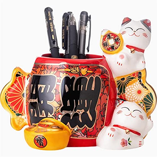 LinaLife Fortune - Pot de fleurs japonais en céramique avec motif chat Maneki Neko - Pot à crayons rond rotatif en forme de chat