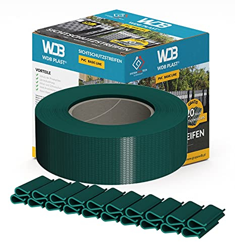 WDB - Sichtschutzstreifen für Doppelstabmatten Sichtschutz Zaun - 4,75 cm x 35 m + 20 Stück Befestigungsclips - PVC Windschutz Basic Line - Grün - RAL 6005