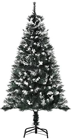 HOMCOM 5FT Artificial Snow-Dipped Christmas Tree Xmas | Home Home Indoor Decoration | Removable Stand w/White Berries Star Topper Branch Green
