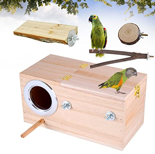 Joyeee Langlebiger Sittich-Nistkasten für Vogelhäuschen, Legenest aus Holz mit Haken für Vögelkäfig, Vogelkäfig Sitzstange Vogelsitzbrett für Vogelkäfig Zubehör, Größe M