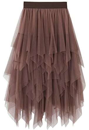 SotRong Tüllrock Braun Damen Karneval Asymmetrisch Midirock Elastisch Hohe Taille Plissee Stufendecke Sommerrock Elegant Mesh Ballett Hochzeit Party Abschlussball Tutu Rock