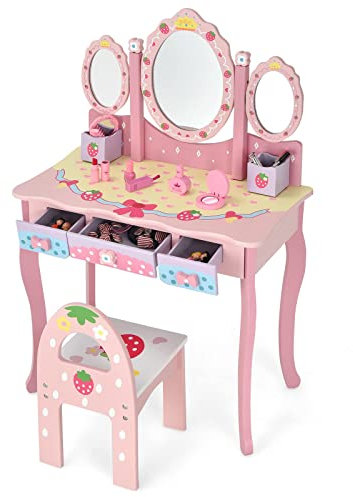 DREAMADE Toeletta per Bambini con Sedia, Tavolo Cosmetico con Specchio Tripartito e Sgabello, Mobile da Trucco da Toeletta in Stile Principessa, 3 Cassetti, 2 Scatole, Ideale per Bambini, Rosa