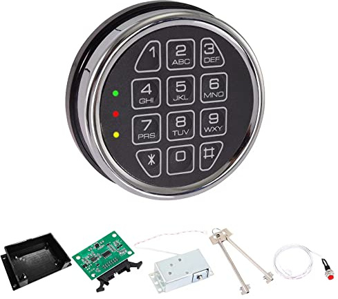 HOMEYUER Electronic Gun Safe Lock Replacement – Digital Keypad with Solenoid Lock Mechanism, Chrome/Black Finish, 14-Pin Design, Circuit Board, Reset Cable, and 2 Override Keys – DIY Installation