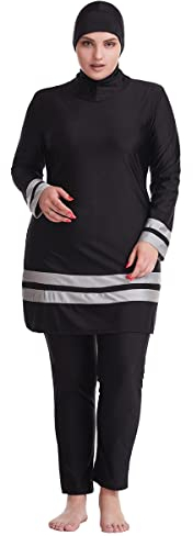 Burkini Damen Muslim Übergröße Frauen Muslimische Bademode Islamisch Arabisch Jilbab Langarm Schwimmoberteile Built in Bra+Schwimmhose+Hijab Kopftuch Khimar 3tlg Ganzkörper Schwimmanzug Schwarz 6XL