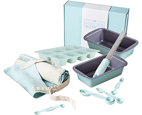 The Great British Bake Off Baking Set, Including 2 x 2lb Loaf Tins, Official GBBO Apron for Women & Men, Silicone Mini Loaf Tray, Lemon Zester & Measuring Spoon Set (5pcs), Duck Egg Blue