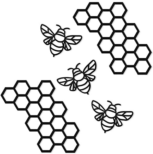 Peryiter 5 Pcs Metal Bee Wall Art Farmhouse Honey Bee Honey Comb Decor Wire Metal Wall Decor Hanging for Living Room Garden Bedroom Office Home(Black)