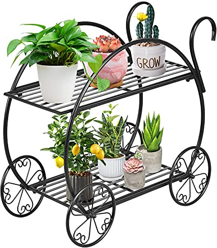 KOMFOTTEU Portafiori in Metallo, Carrello Portafiori con 4 Ruote, Portapiante con 2 Maniglie, Scala per Fiori e Piante per Soggiorno, Balcone, Terrazza, Nero