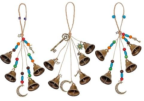 OLYCRAFT 3 Stück 3 Stil Hexe Glocken Hexenglocken Garten Windspiel Türschutz Windspiel Glocken Schlüsselanhänger mit Mondschlüssel Wiccan Glocken mit Holzperlen für Home Zimmer Dekoration - 30cm