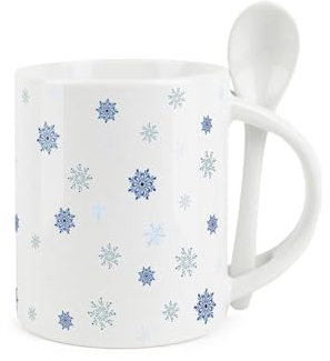 Purely Home Christmas Mug and Spoon Set - Watercolour Snowflakes Print - Ceramic White Coffee/Tea Mug with Spoon in Handle