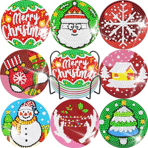 Weihnachten Diamond Painting Untersetzer，Glitzerzuntersetzer die im Dunkeln Leuchten Weihnachten 8 Stück,DIY Diamantmalere Untersetzer mit Halterung Weihnachtsge-Design für Kinder &Erwachsene