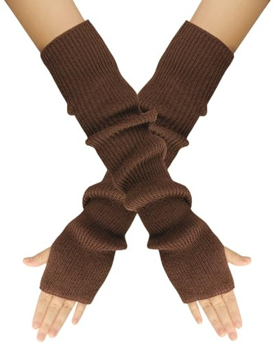 Suxgumoe Guanti senza dita da donna, lunghi invernali, da donna, scaldamuscoli, scaldamuscoli a maglia, con foro per il pollice, scaldamani per donne e ragazze, caffè, Taglia unica