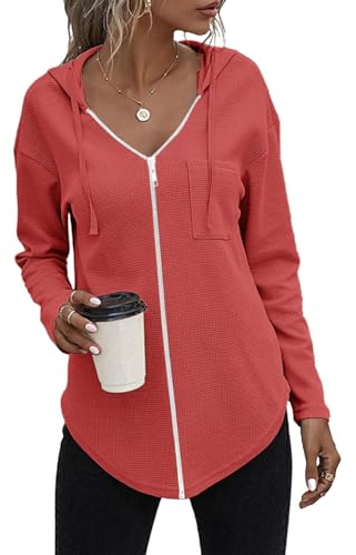 Cuptacc Maglietta Donna Maniche Lunghe Felpa con Cappuccio Camicia Cotone Felpa con Zip Sexy Fucsia,M 38-40