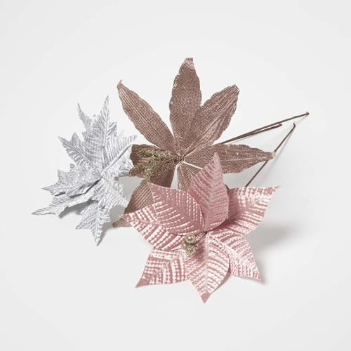 Homescapes Poinsettia Weihnachtsdeko, 3er-Set künstliche Stielblumen Weihnachtsstern in Silber, Rosa und Roségold, je 45 cm
