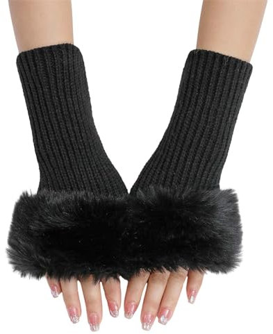 Generisch Warme Handschuhe, kurze Plüschhandschuhe, Herbst und Winter, Damen, süße Strickpuppe, warme Wolle, fingerlose Handschuhe, starke Latex-Mittelhandschuhe, Schwarz, One size