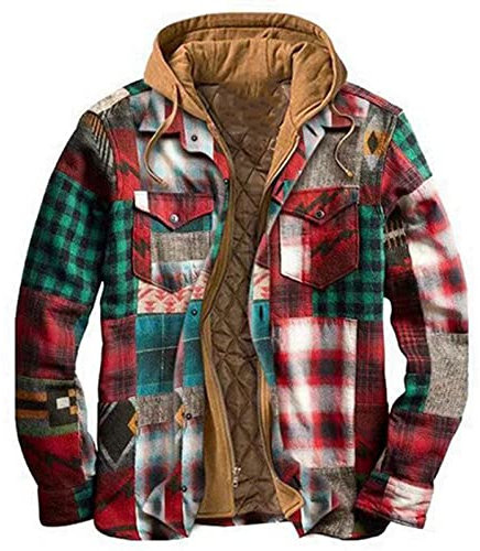 Generisch Karierte Jacken Für Herren, Kariert Hemdjacke Übergangsjacke Herren Mit Kapuze Holzfällerhemd Gefüttert Thermohemd Rot Holzfäller Jacke Baumfäller Reißverschluss (XL, Green)