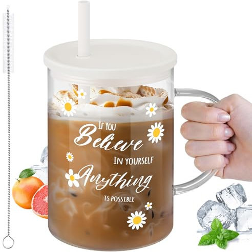 NiHome 975ml/33oz Large Clear Glass Cup with Handle, Silicone Lid & Straw, Wide Mouth Coffee Mug for Hot and Cold Drinks, Glass Tumbler Set with Decorative Daisy Pattern for Coffee/Beer/Milk/Tea