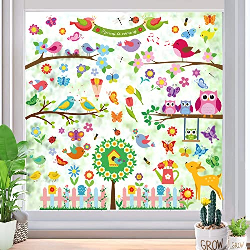 Fensterbilder Frühling Selbstklebend, SILARLAIT 9 Stück Aufkleber Frühling Fenster, Statisch & Doppelseitige & Wiederverwendbare & Wiederverwendbar, Frühlingsdeko Fenster für Glas, Vitrinen