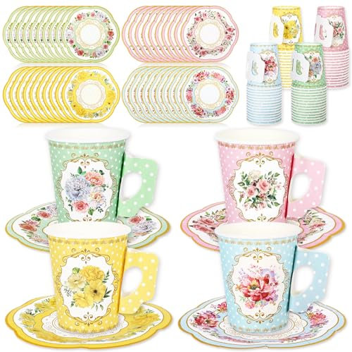 JarThenaAMCS Teeparty-Dekorationen, 60 x 266 ml, rosa, gelb, blau, grün, Blumenmuster, Papp-Teetassen mit Griff und 60 Teller à 14 cm, für Frühlingstee, Party-Geschirr, für 60 Stück