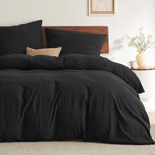 BEDSURE Bettwäsche 155x220 3teilig Schwarz - Weiche Vorgewaschene ÖKO-TEX Polyester Mikrofaser Bettwäsche-Set, 1 Bettbezug 155x220 cm mit Reißverschluss und 2 Kissenbezüge 80x80 cm