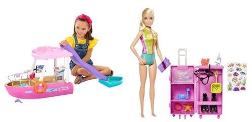 Barbie Dream Boat, Pink Barbie Boat with 6 Play Areas Including Barbie Pool and Slide & Dolls & Accessories, Marine Biologist Doll (Blonde) & Mobile Lab Playset with 10+ Pieces