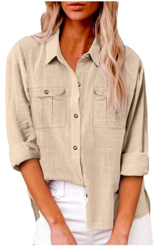 Damen Leinenhemd,Long Hemd Damen Lang,Sommer Vintage Einreihiges Leinenhemd Baumwolle Leinen Langarm Revers Hemd Hemd Locker bequemes Leinenhemd Oberteile,Beige,XL