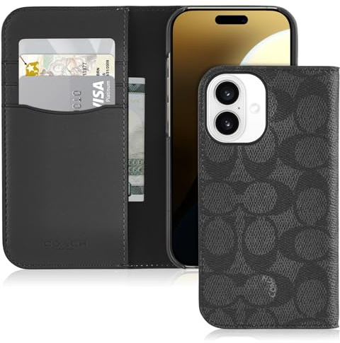 Coach Signature Canvas Wallet Folio iPhone 16 Hülle – Designer-Handyhülle – Signature Charcoal