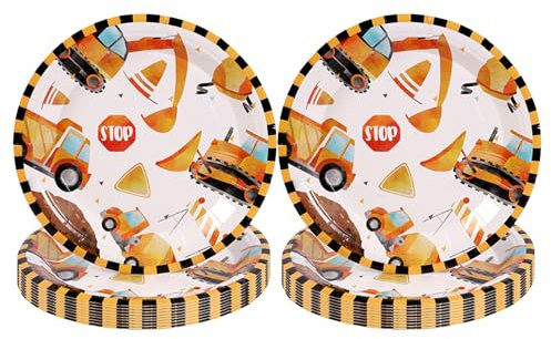 AJUNLKVDR Digger Birthday Decoration 2 Years, Construction Site Theme with Excavator Design Paper Plates, Party Tableware, Construction Sites for Children, Party Excavator Construction
