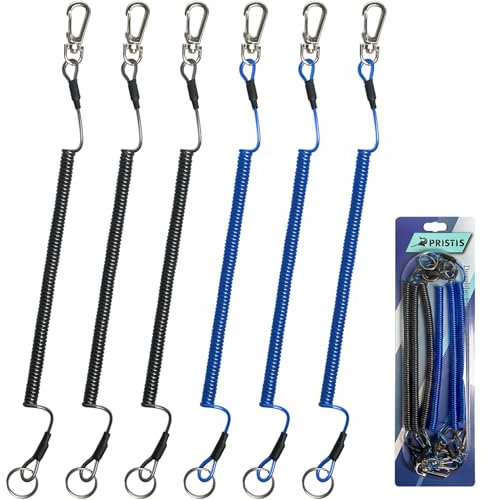 Pristis 6 pcs Fishing Coiled Lanyards, Heavy-Duty Retractable Pole Tether, Kayak Paddle Leash with Steel Wire Inside & Carabiner, Rod Straps Accessory for Boating Tools Gear Tackle, Black & Blue