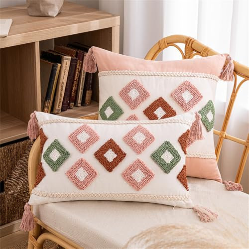 Boho Kissenbezug, Boho Kissen Rosa Beige Bunt Kissenbezug, 3D Muster Stuhlauflage Plüsch Kissenhüllen Weich Flauschig Mit Quasten, Moderne Geometrisches Beige Boho Deko Kisse (#09, 30x50 cm)