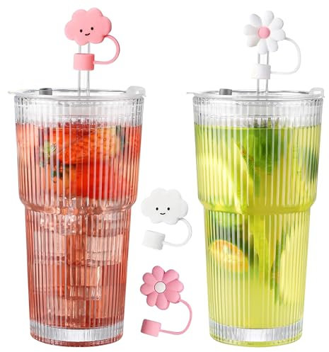 GwaOery Vaso de cristal de 600 ml con tapa y pajita, vaso de cristal con pajita y tapa, juego de vasos largos para zumos, café, agua, té, café helado, cócteles de agua