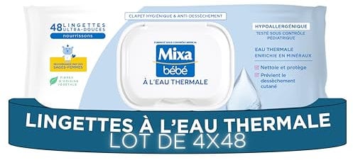 Mixa Lingettes Bébé à L'eau Thermale, Lot de 4 x 48 Lingettes : Hypoallergéniques, Nettoient en Douceur