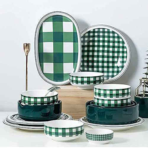 Set di stoviglie in Ceramica, Set di stoviglie a Quadri Verdi Resistenti alle scheggiature/Servizio di Piatti in Porcellana combinati - Piatti/Ciotole/Piatti per 10 Persone, Blu