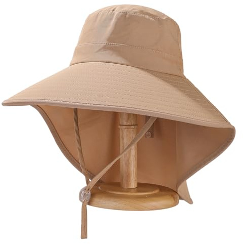 Huakunda Damen Sonnenhut Outdoor Breiter Krempe Safari Hut mit Nackenschutz Fischerhut Faltbarer Gartenhut für Reisen Wandern (DE/NL/SE/PL, Alphanumerisch, Einheitsgröße, Khaki)