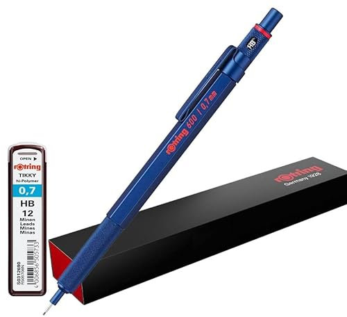 rOtring 600 Druckbleistift mit extra Minen | 0,7 mm | Blauer Ganzmetallkörper Drehbleistift | Rutschfester gerändelter Griff & sechseckiger Schaft