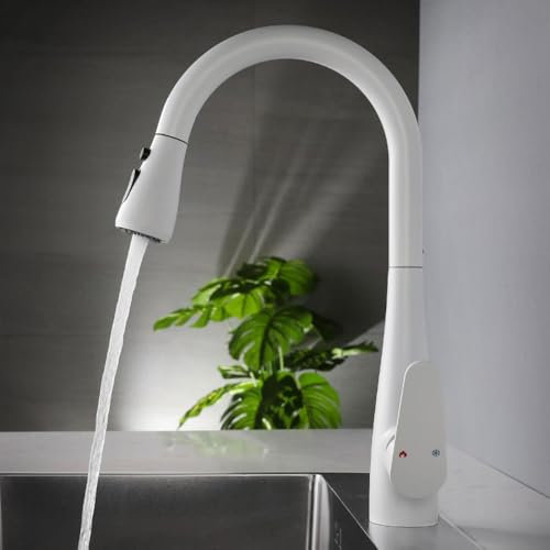 EGSO Rubinetto Lavello Cucina Bianco, Miscelatore Cucina con Doccetta Estraibile, Rubinetto lavandino cucina ottone Girevole a 360°, 3 Modalità Acqua