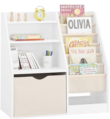 SoBuy Bücherregal Kinder Montessori mit 6 Stofftaschen 80x80x40 cm | Montessori Bücherregal mit 3 Regalen und 1 Stoffschublade, Regal Kinderzimmer mit Spielzeug Aufbewahrung, Weiß KMB119-W