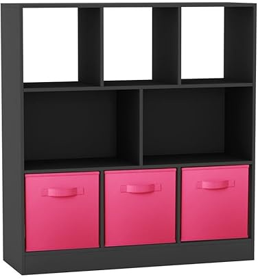 URBNLIVING Asymmetrical 8-Cube Bookcase Shelf – Black Storage Unit with 3 Fabric Drawers, Modern Display Organizer for Home or Office - Dark Pink