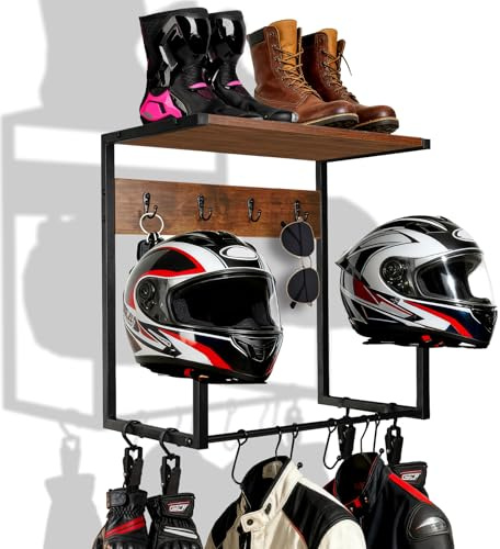 NANXITU Motorcycle Helmet Holder Wall Mount, Wooden Helmet Display Stands | with Metal Frame Tiered Organizer,with 2 Helmet Rack,4 Glove Chips and 8 Hooks for Motorcycle Gear Accessories