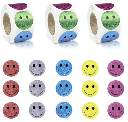 1500 Stück 25 mm Smiley Aufkleber Wasserfest Glitzer Smile Stimmungsaufkleber Glitzer Farben Smiley Face Sticker Belohnungsaufkleber für Scrapbooks,Notizbücher,Tagebücher und Notizbücher