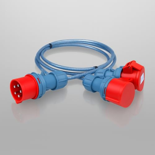 32A 5-Pin 3 Phase Splitter Lead to 2×16A 5-Pin Sockets 0.5m Tails IP44 415V SY Steel Armoured Flexible Extension Power Lead IEC 60309