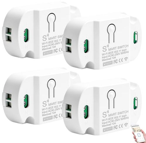 BAIFULAI 4 Stück Smart Lichtschalter Modul 1 Weg, 10A WLAN Smart Schalter Modul, Kabelloser Mini Smart Home, Sprachsteuerung/Timer, Intelligenter WLAN Schalter Kompatibel Alexa, Google Home