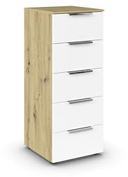 Rauch Möbel Flipp, Kommode, Farbe Weiß/Eiche Artisan, Breite 40 cm | Sideboard, 5 Schubladen, Soft-Close-Funktion, für Schlafzimmer, Gästezimmer, Wohnzimmer, Garderobe, Flur