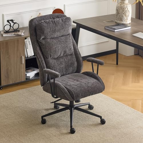 Bonnlo Executive Ergonomic Fabric Office Chair with Recline, High-Back Desk Chair with Adjustable Base & Padded Back, Comfy Chair for Game, Home Small Space, Study Room, Office Chenille Grey