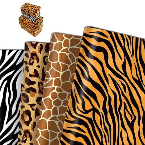 24 Blatt Geschenkpapier mit Tiermotiven, Dschungeltiere Geschenkverpackung, Tiermotiv Geschenkpapier Geburtstag, Giraffe, Zebra, Leopard, Tiger Geschenk Papier für Dschungel Mottoparty Deko