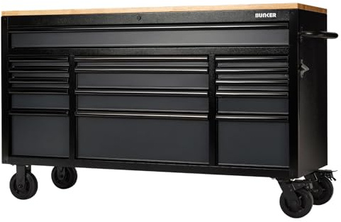 Bunker 15 Drawer Workbench Roller Tool Cabinet, 61, Grey